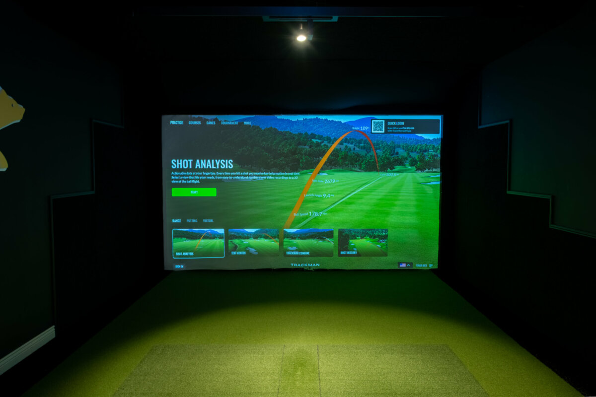 Screen in an indoor golf bay displays information about golfer's Shot Analysis